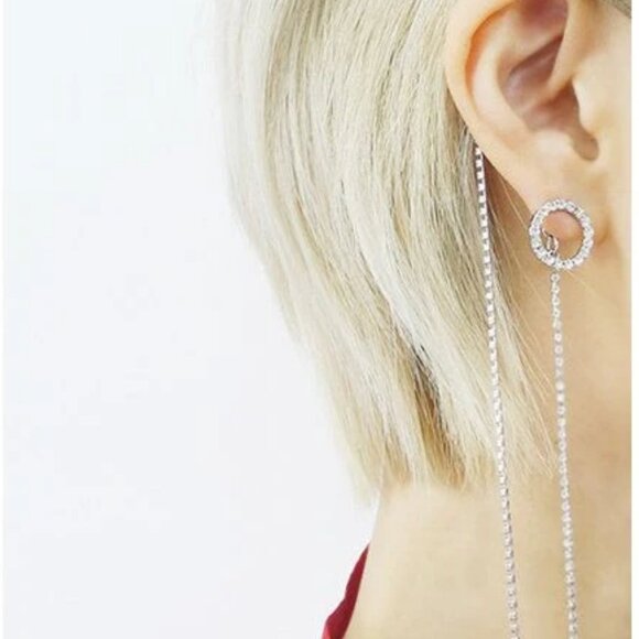 Unique Silver Rhinestone Circle Chain Earring and Hair Barrette Set - Picture 2 of 5
